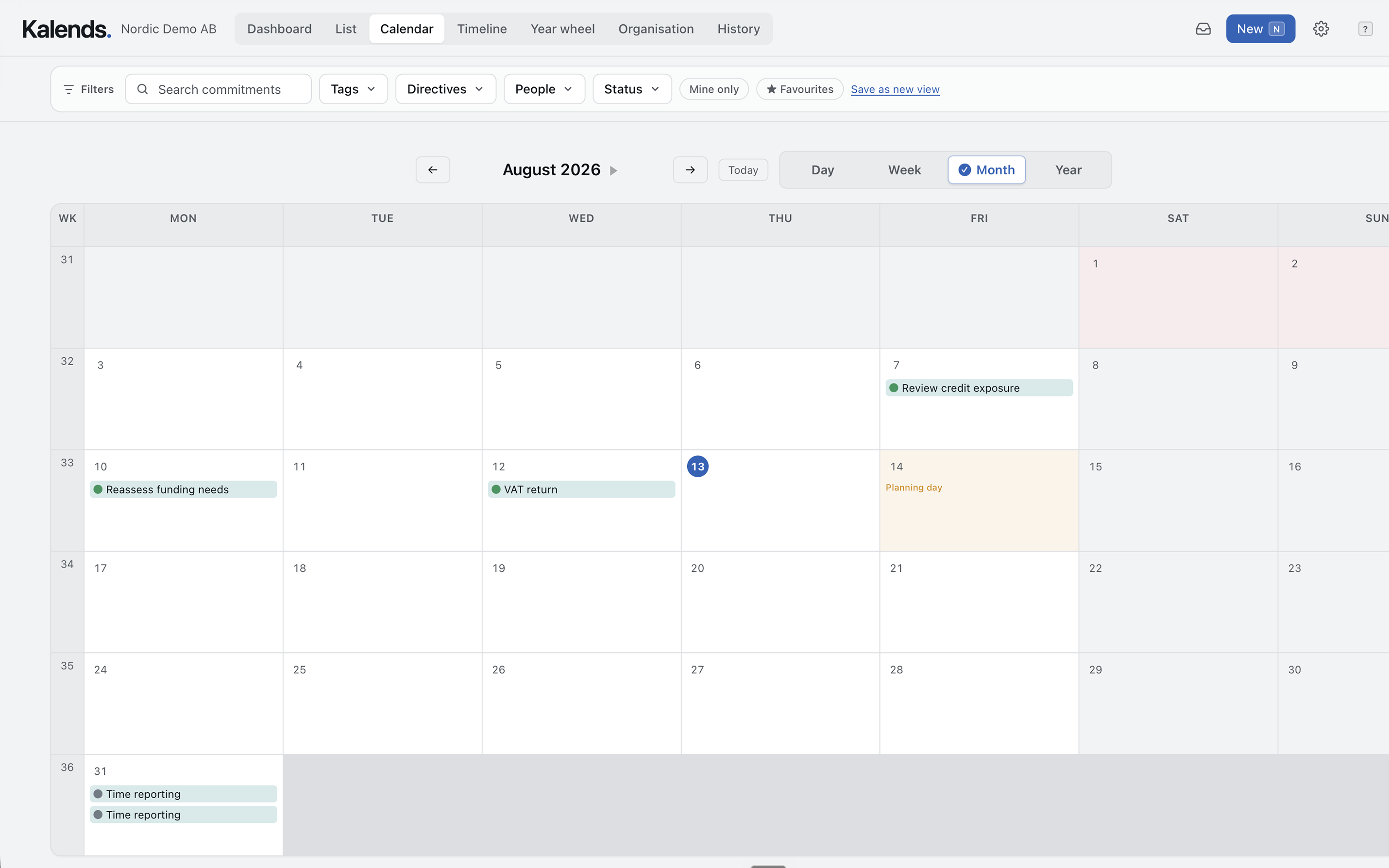 Kalends month calendar with notices and recurring commitments