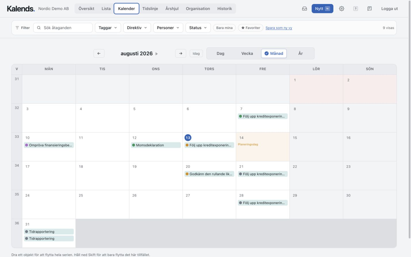 Kalends månadskalender med aviseringar och återkommande åtaganden